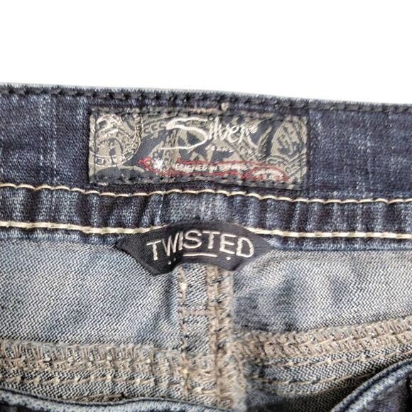 Silver Jean Co. Thick Stitched Embellished Pockets Twisted Blue Denim Jeans - Picture 12 of 14